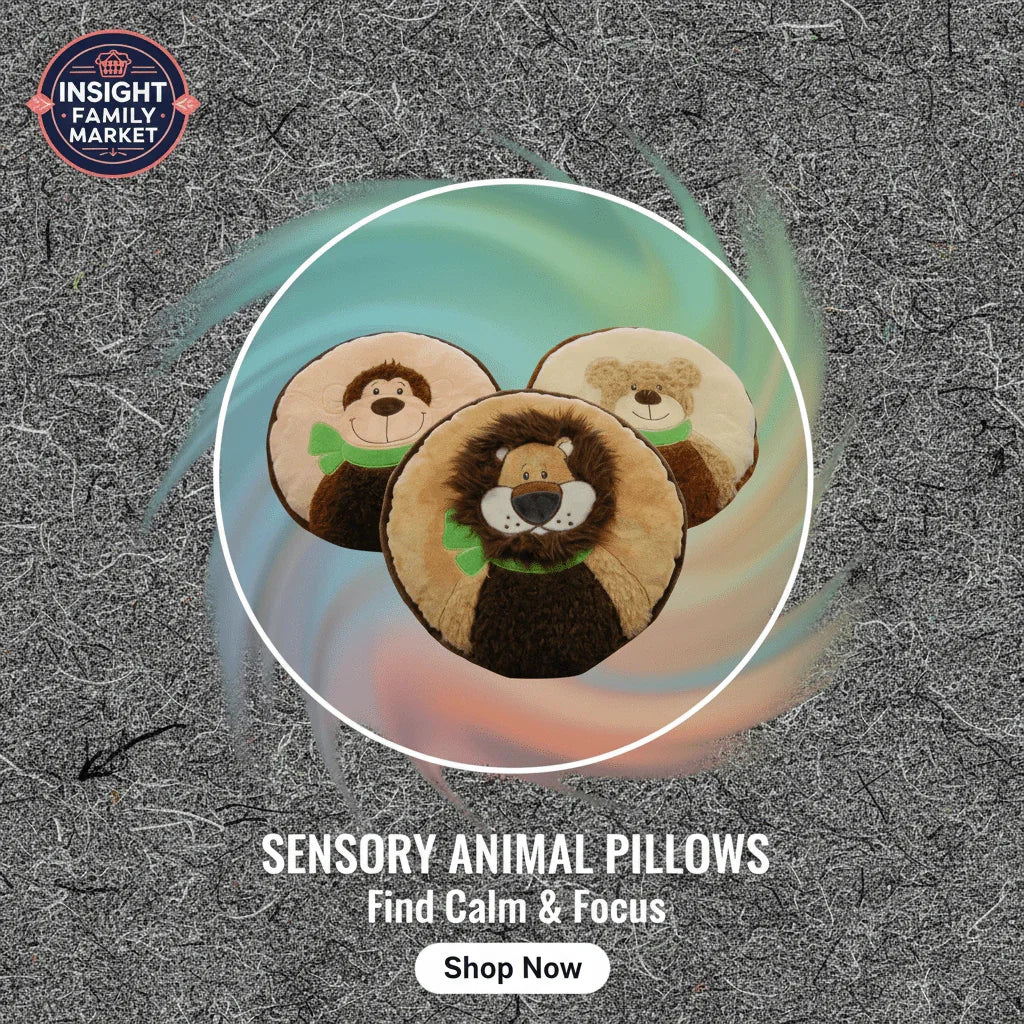 Three plush sensory animal pillows including a lion, monkey, and bear on a textured background