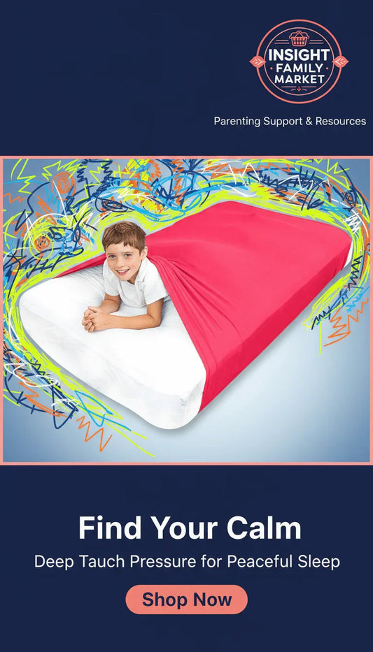 Child under red sensory compression sheet on bed, deep pressure sleep aid for sensory relief