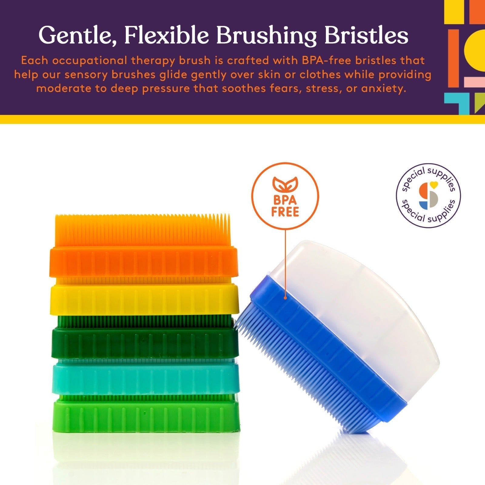Special Supplies Therapy Brushes Colorful 6 - Pack + Removable Handle, Calming Occupational and Sensory Tools with Deep Pressure Massage, Soft Bristles, Stimulates and Calms Kids or Adults, Latex - Free - Insight Family Market