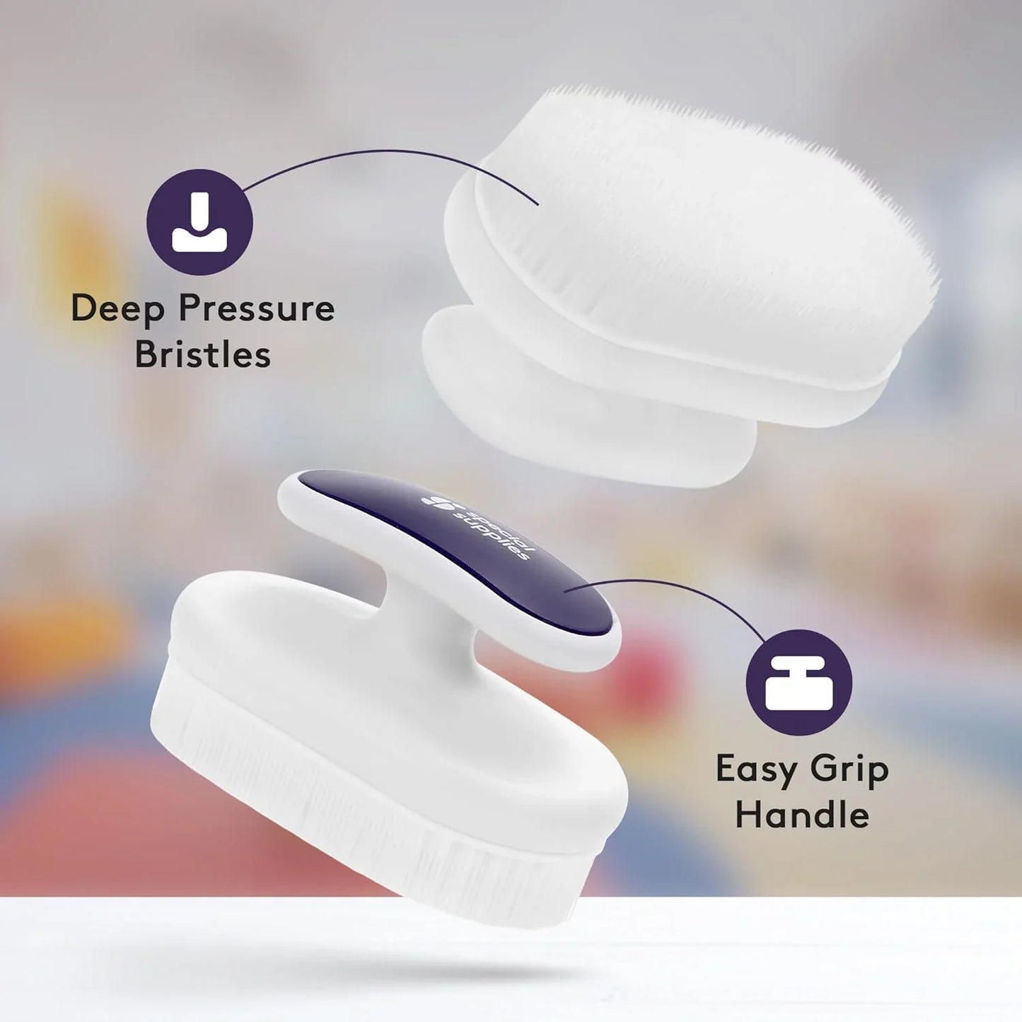 Sensory brush with deep pressure bristles and easy grip handle for sensory support.