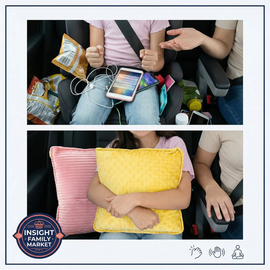Child in a car seat with a tablet, snacks, and a yellow and pink pillow.