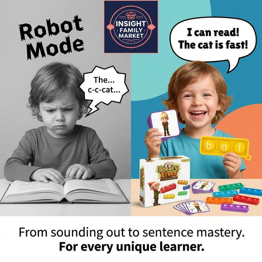 Side-by-side image of a frustrated child reading and a happy child using dyslexia reading tools with flashcards and phonics tiles.
