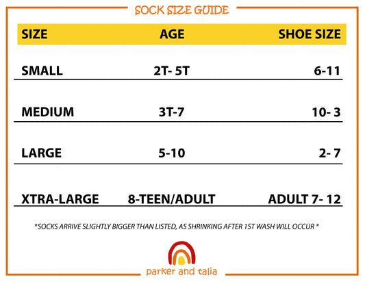 Sock size guide chart showing sizes for ages 2T to adult and shoe sizes 6-12.