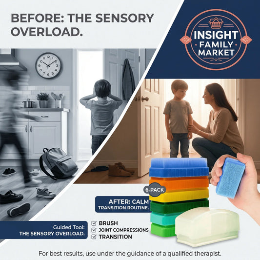 Sensory transition tools with calming brushes, busy home scene, and child-parent interaction.