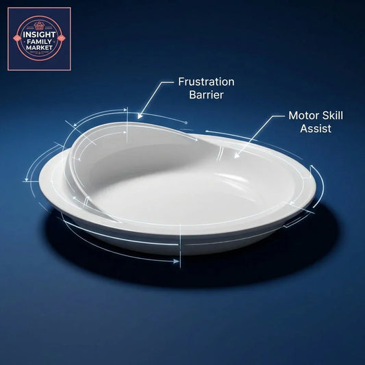 Adaptive scoop plate with frustration barrier and motor skill assist labels on a blue background