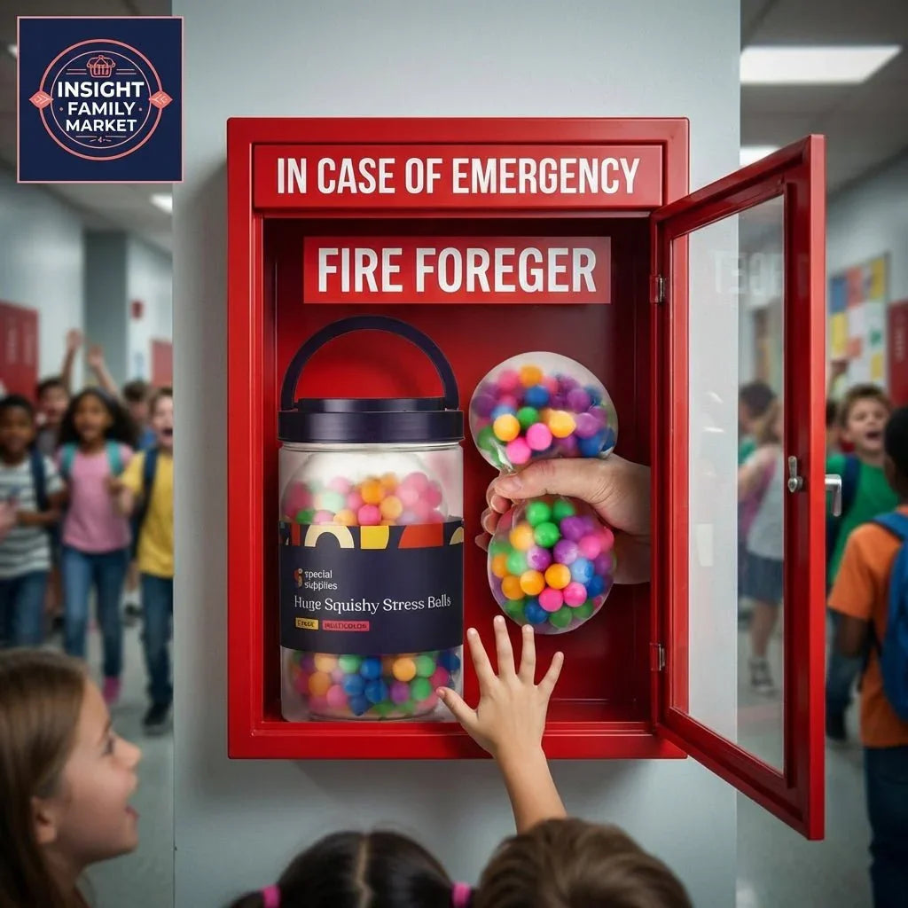 School hallway emergency box with sensory squishy stress balls for kids, calming tool