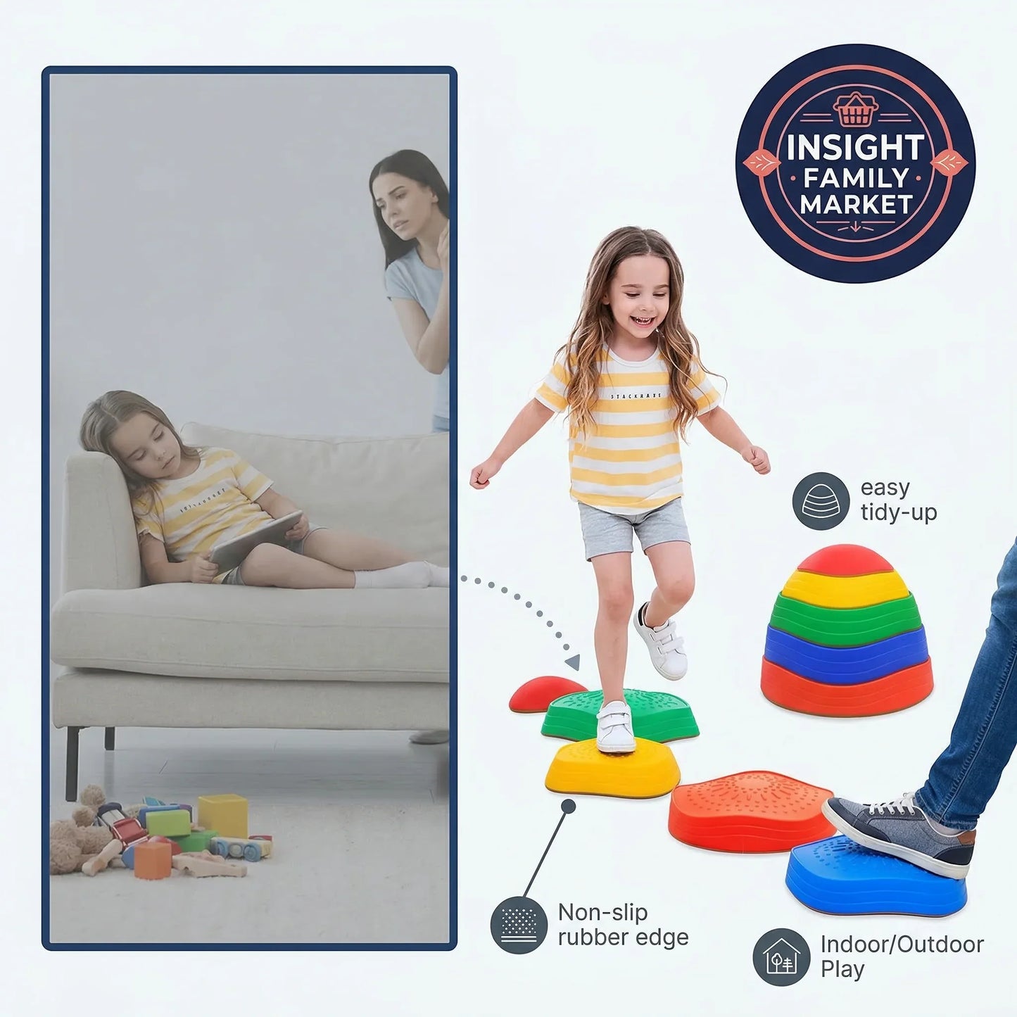 Children playing with colorful stepping stones, with a woman on a couch and a child reading.