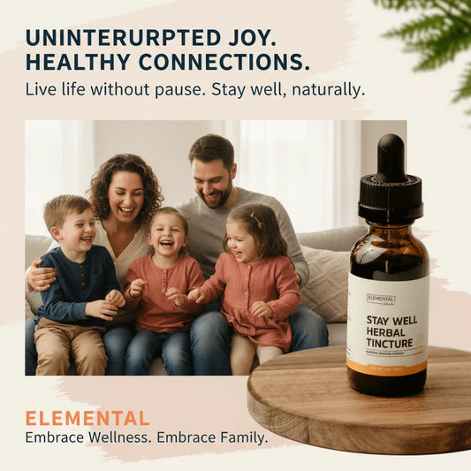 Happy family laughing on couch beside Stay Well Herbal Tincture bottle promoting wellness