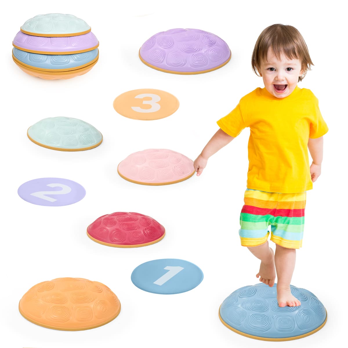 Child playing with colorful stepping stones on a white background