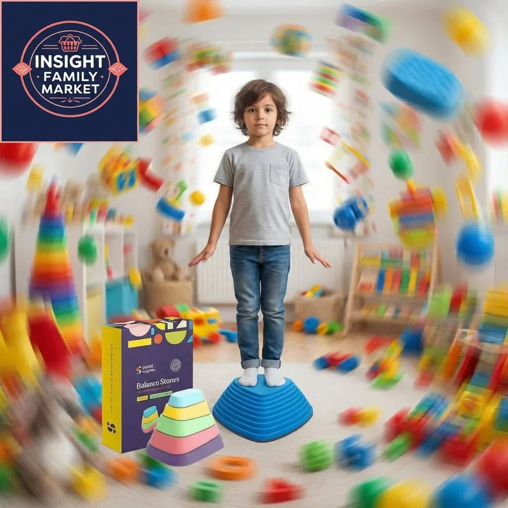 Child standing on sensory balance stones surrounded by colorful toys for sensory play.