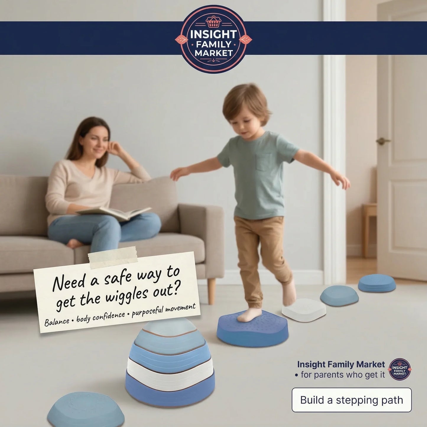 Woman reading a book on a couch with a child standing on stepping stones, promoting Insight Family Market.