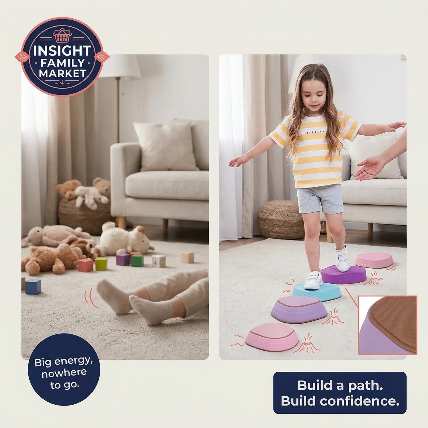 Children playing with toys and a child standing on foam steps in a living room setting, with Insight Family Market branding.