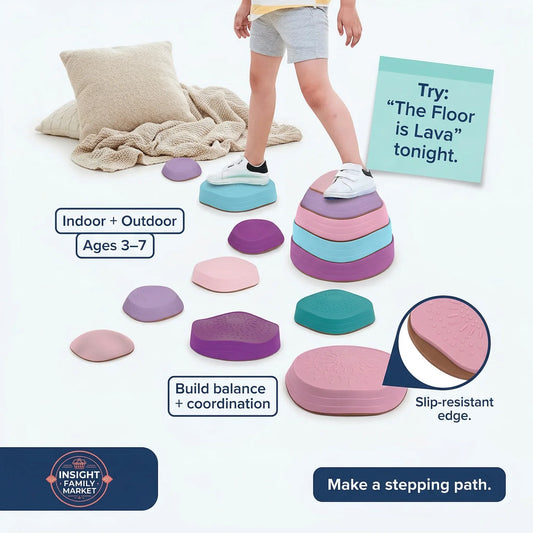 Colorful stepping stones for balance and coordination with a child stepping on them, on a white background.