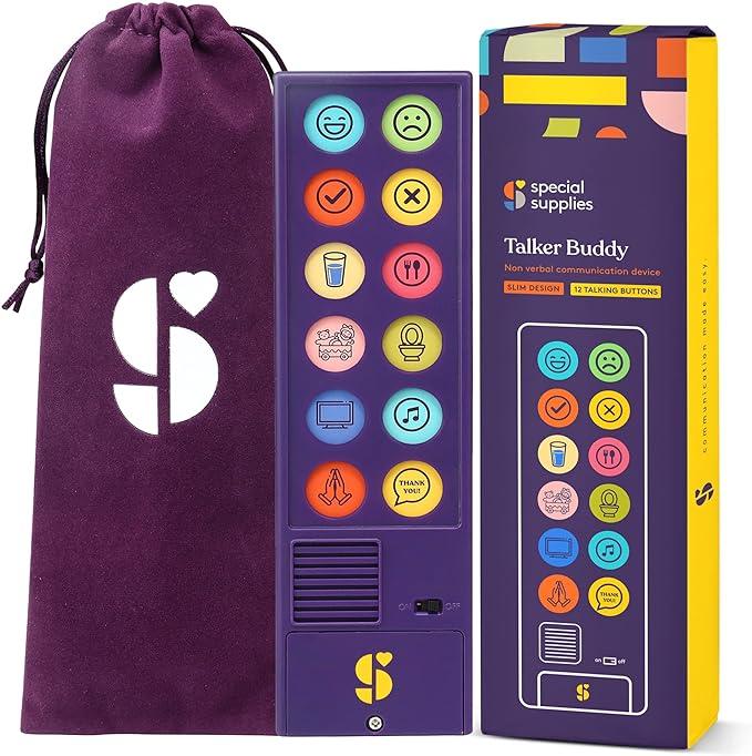Nonverbal communication device with 12 colorful buttons and carrying pouch for autism support