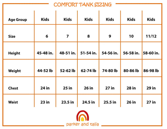 Kids comfort tank size chart with height, weight, chest, and waist measurements for sizes 6-11/12.