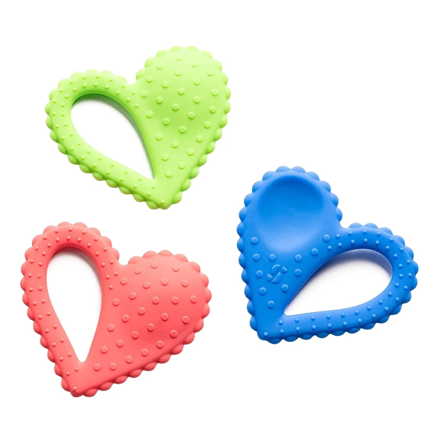 Three heart-shaped sensory chew toys in green, red, and blue with textured surfaces.