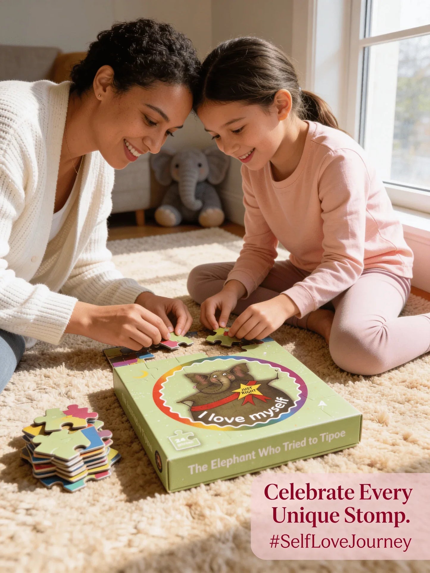Mother and daughter assembling sensory-friendly elephant puzzle for children on carpet.