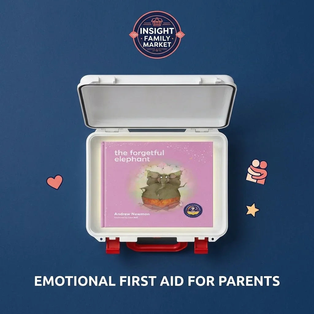 Open first aid kit with 'The Forgetful Elephant' book for emotional support, blue background