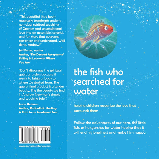 Back cover of 'The Fish Who Searched for Water' children's book with colorful fish illustration, blue background, and testimonials.