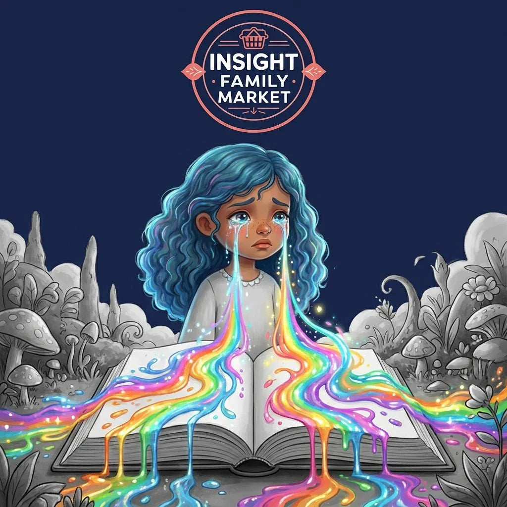 Illustration of a sad child with blue hair, rainbow tears flowing into an open book, surrounded by grayscale plants, symbolizing neurodiversity and emotional expression.