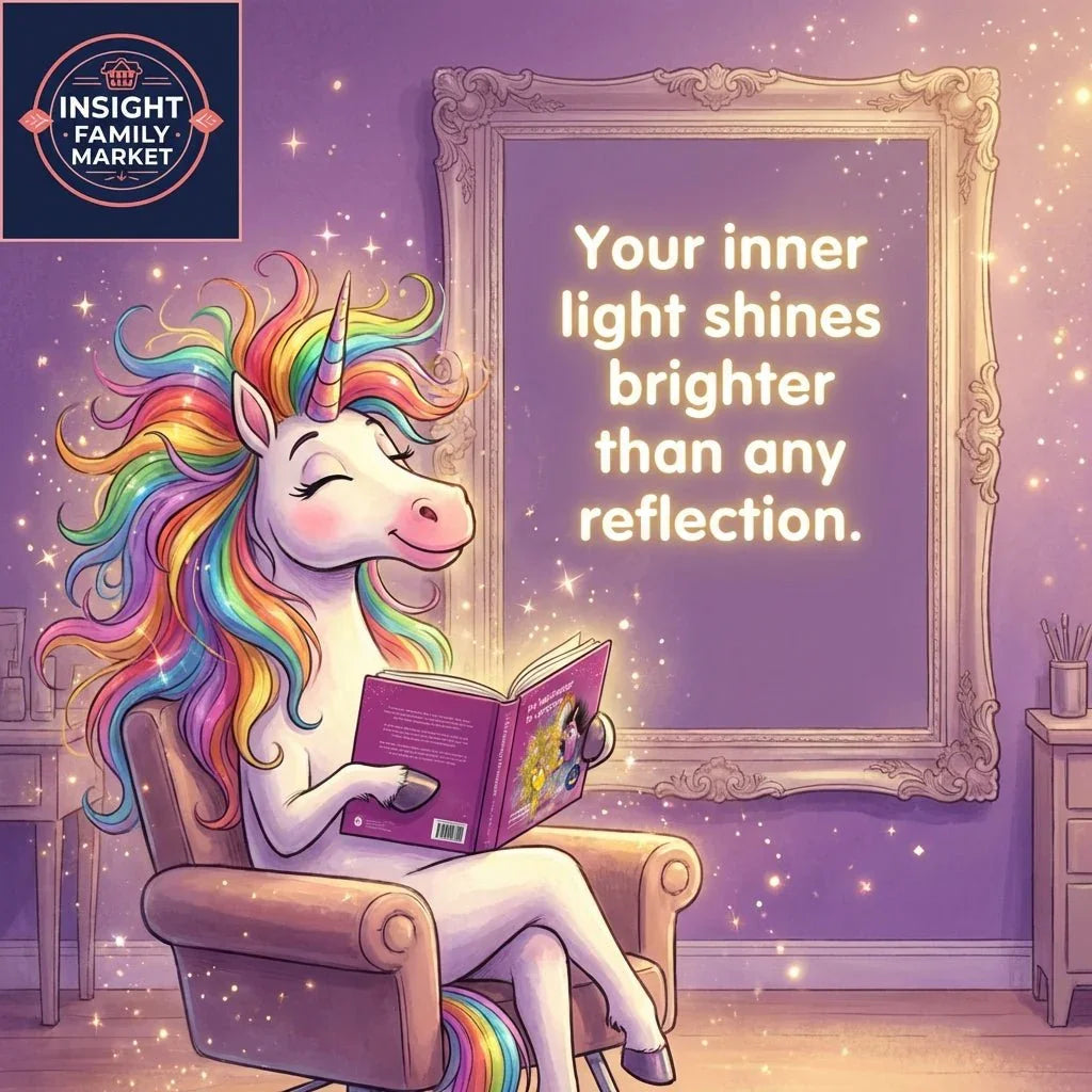 Illustration of a rainbow-maned unicorn reading in a cozy chair, with glowing self-esteem quote on wall.