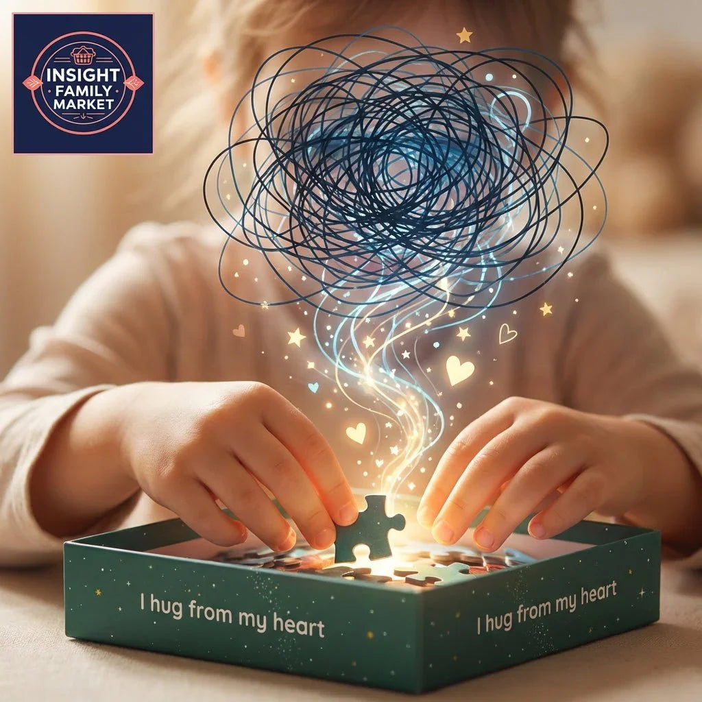 Child solving puzzle with calming worry visual, sensory-friendly learning tool