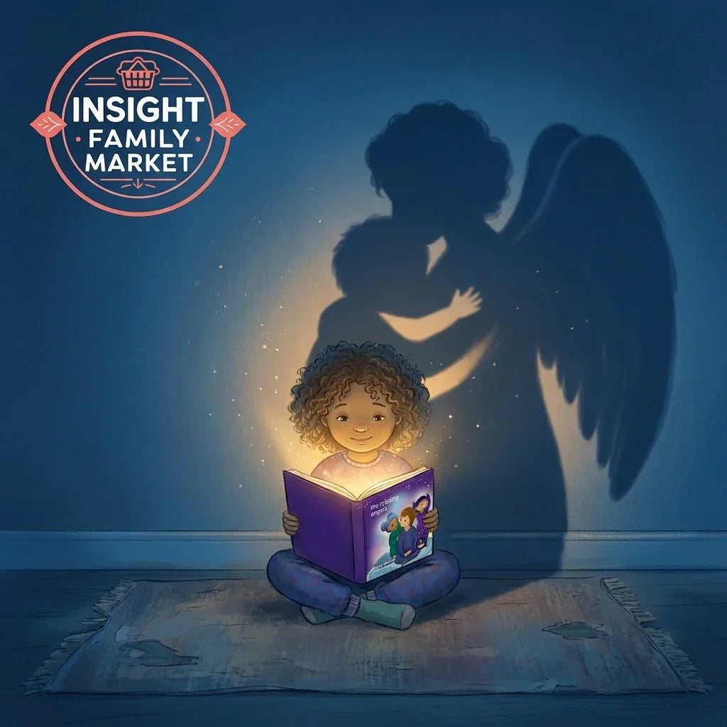 Child reading glowing storybook, casting comforting angel shadow on wall, sensory-friendly scene