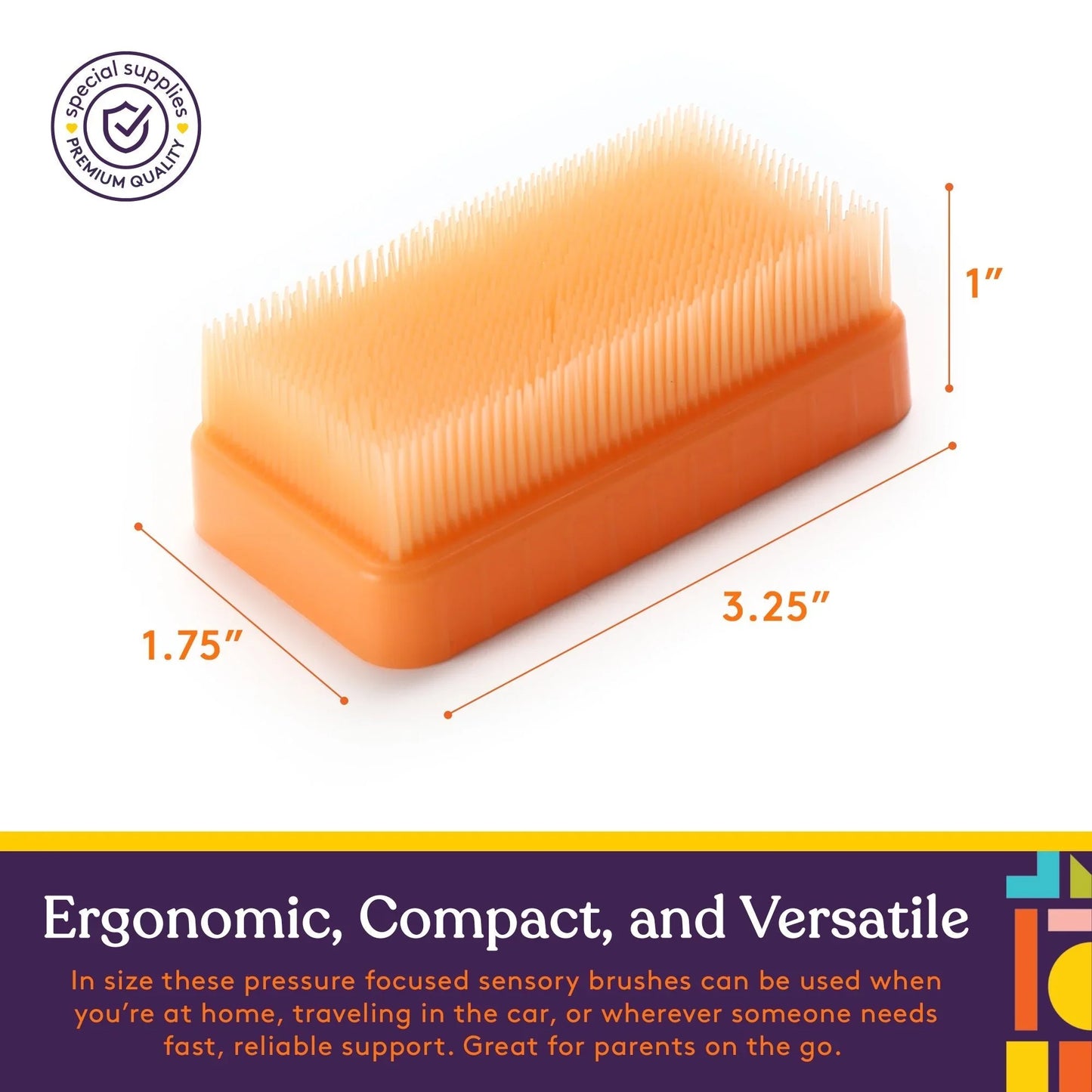 Orange sensory brush with soft bristles, ergonomic, compact design, shown with size dimensions.