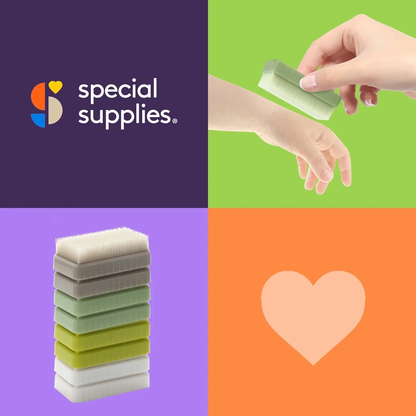 Sensory therapy brushes, stack of textured brushes and hand using brush on arm, sensory tool