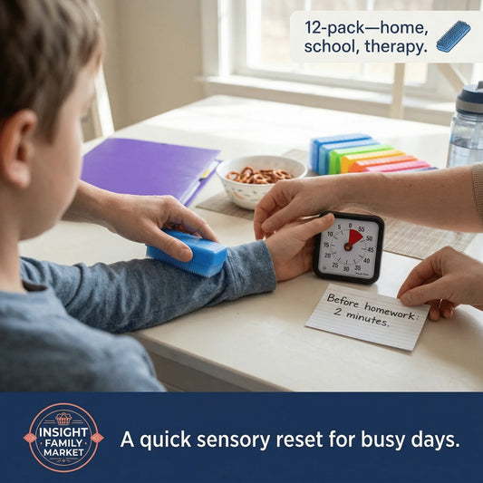 Adult using sensory brush on child's arm at table with timer, learning tools, and snack.