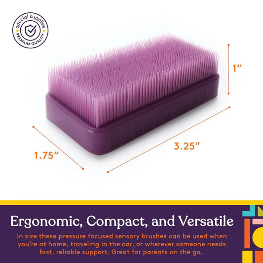 Purple sensory brush with soft bristles, compact size, dimensions labeled for sensory support