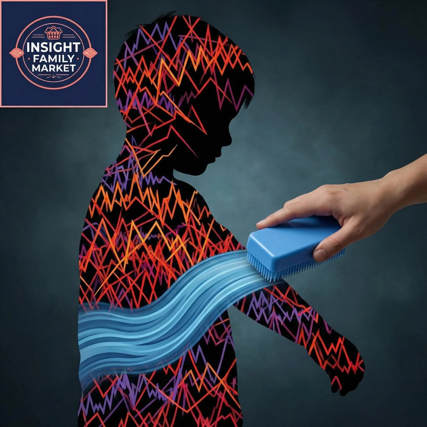 Hand using sensory brush on child silhouette with colorful sensory lines for calming support
