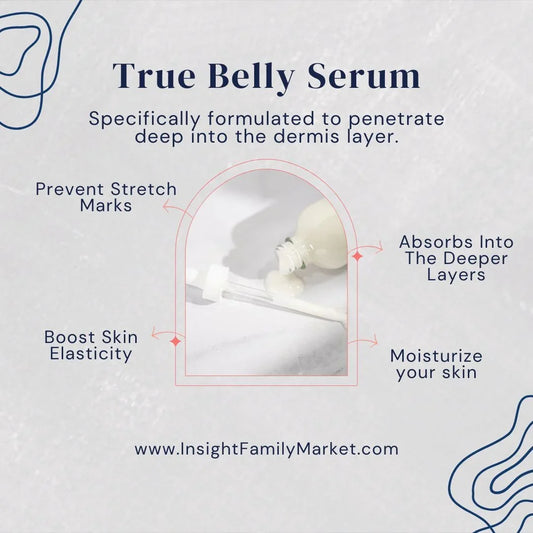 True Belly Serum dropper bottle with serum, text highlights stretch mark prevention, skin hydration, elasticity.