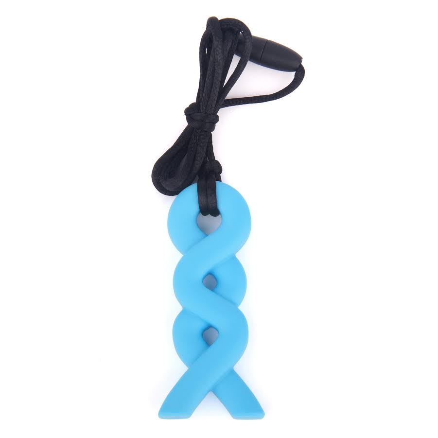 Blue twisted silicone pendant on a black cord against a white background