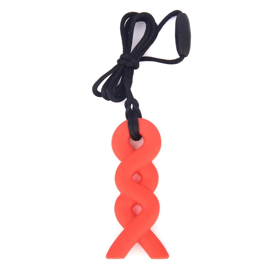 Red silicone keychain with black cord on a white background