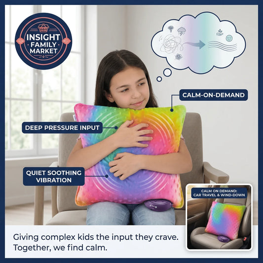 Child hugging a colorful sensory pillow with deep pressure input and quiet soothing vibration.