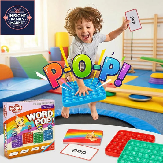 Child playing Word Pop literacy game with fidget toy and flashcards in sensory-friendly room