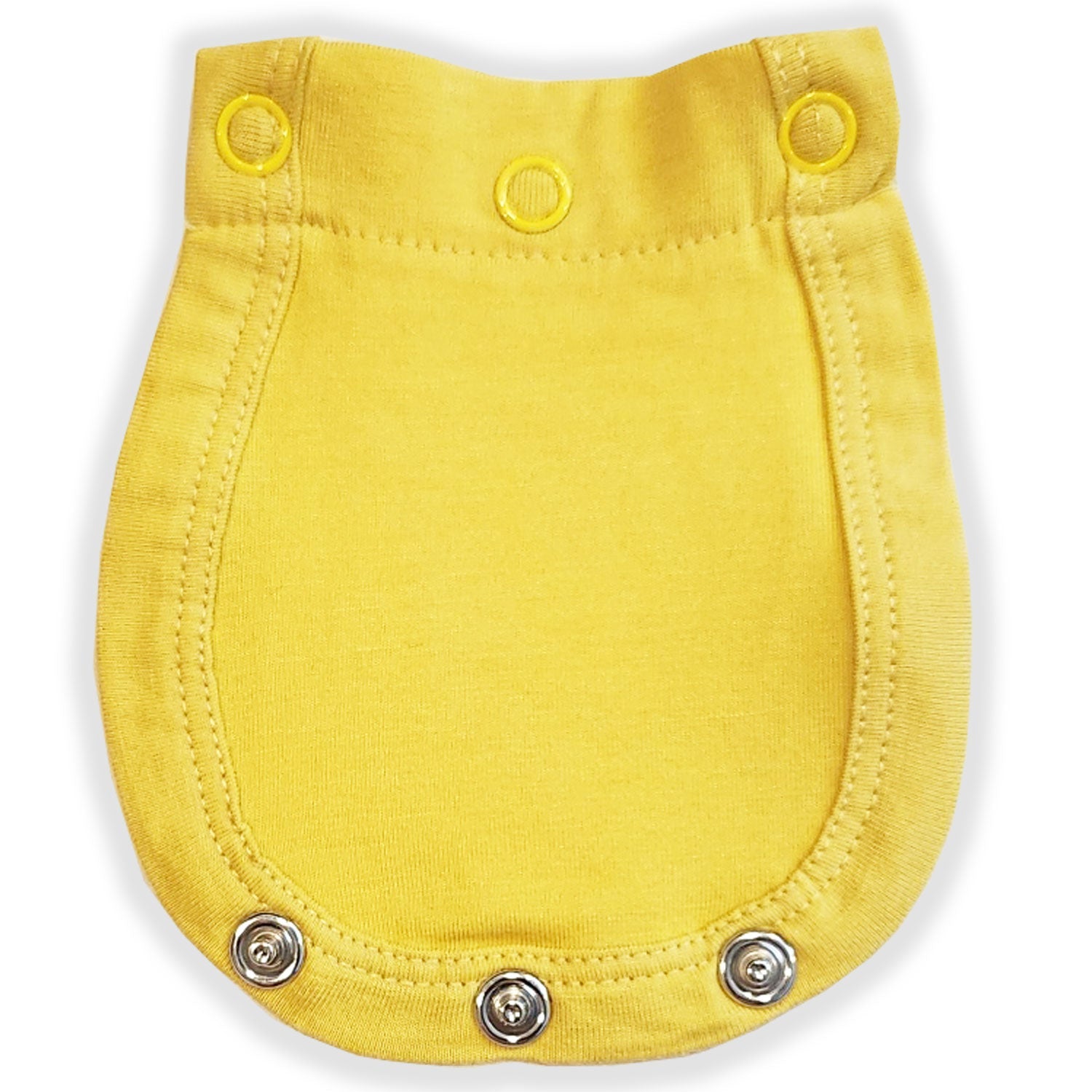 Yellow baby bib with button details on a white background