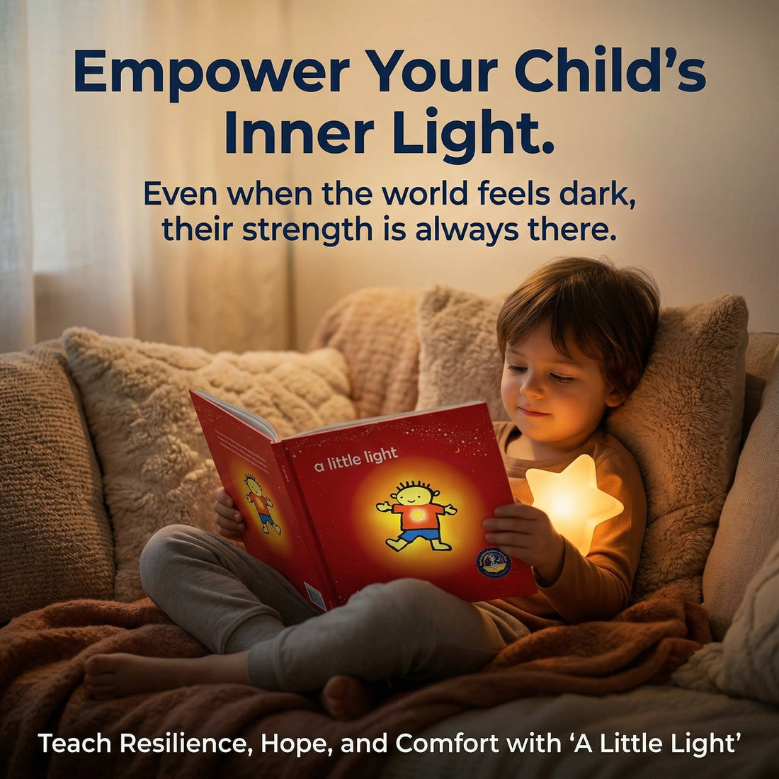 Child sitting in a cozy reading nook, holding a picture book and a small glowing light.