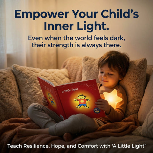 Child sitting in a cozy reading nook, holding a picture book and a small glowing light.