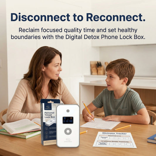 Parent and child sitting at a table with a phone lock box and a printed wellness tracker, talking calmly during homework time with no phones in hand.