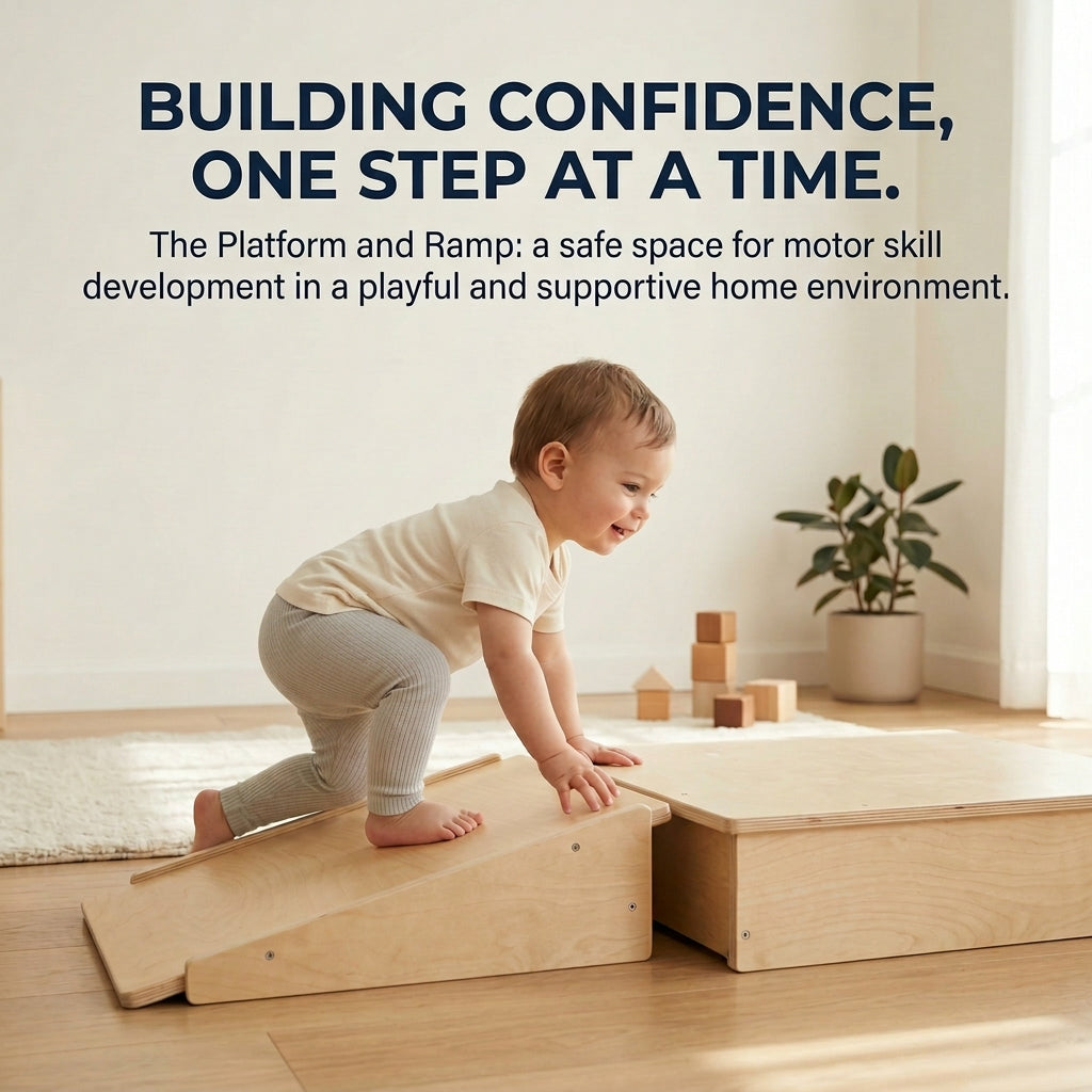 Toddler climbing up a low wooden platform and ramp in a calm indoor play space, practicing balance and coordination.