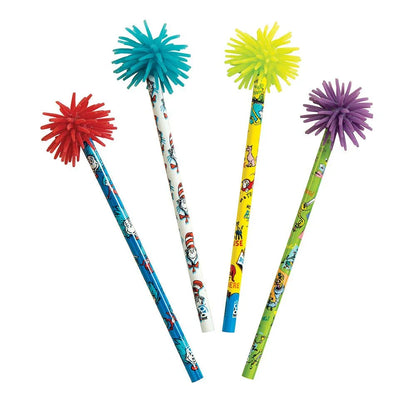 Colorful sensory pencils with Dr. Seuss characters and fuzzy toppers, perfect for kids