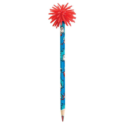Blue pencil with Dr. Seuss characters and a red spiky sensory topper