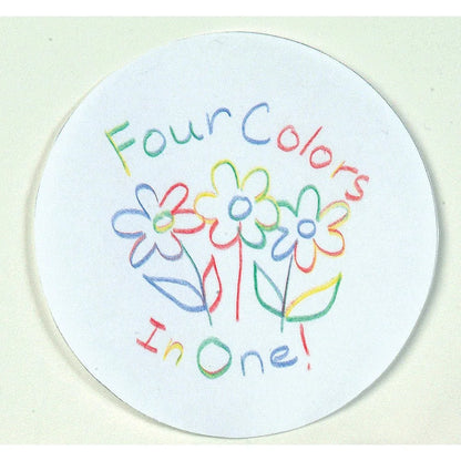 Colorful drawing of flowers and text 'Four Colors In One' using rainbow pencils.