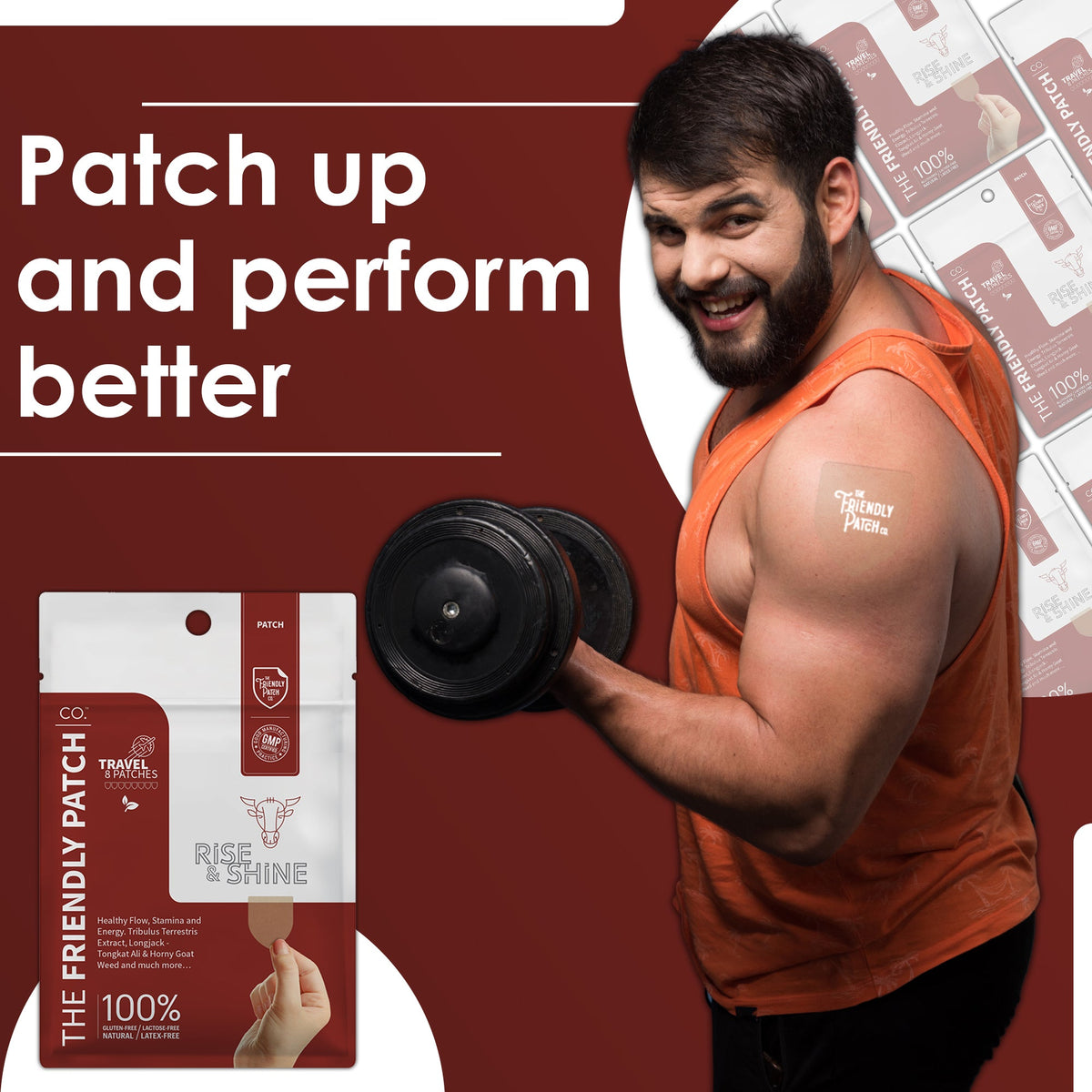 Man lifting weights with a product package labeled 'The Friendly Patch' on a red background.