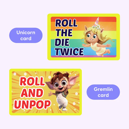 Colorful unicorn and gremlin game cards for kids with playful characters and bold text