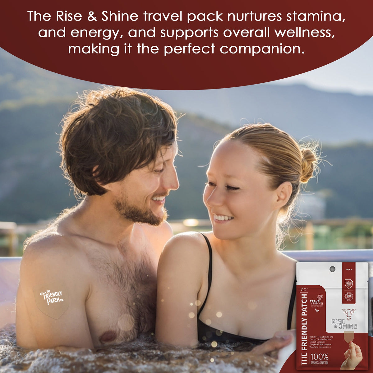 Couple in a hot tub with a product packaging labeled 'The Friendly Patch' in the foreground.