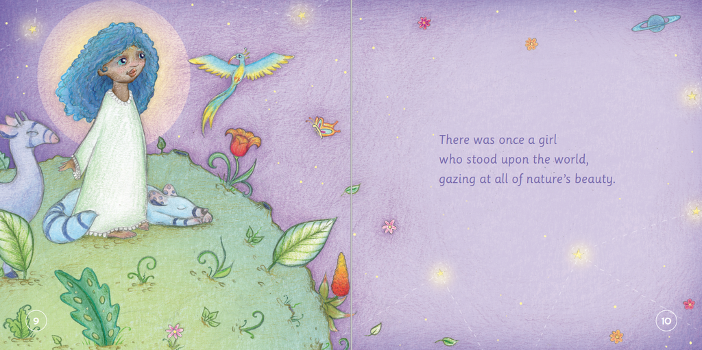 Illustrated book page with a girl, unicorn, and dragon on a purple background