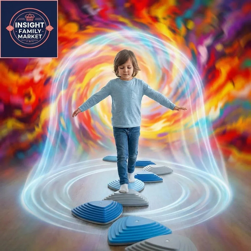 Child balancing on sensory stepping stones with colorful, calming background for sensory support